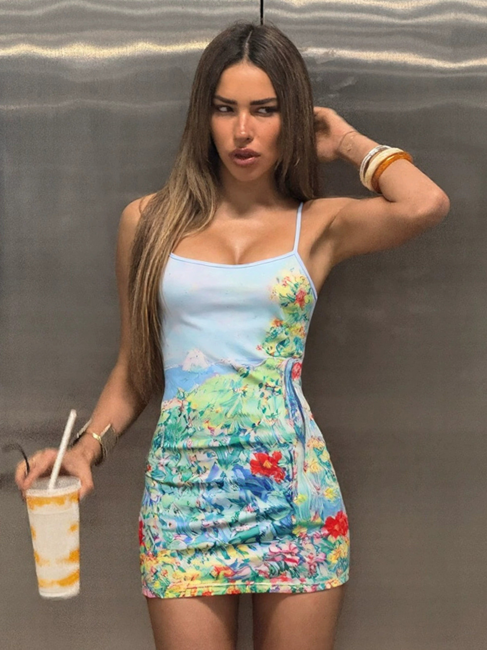 Zara Fall Printed Casual Bodycon Slip Dress with Cinched Waist